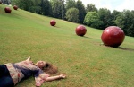 Luxembourg. ‘‘Balls‘‘ artwork by Ilona Nemeth, Petrusse Valley. Poland Kasia Malinnowska with her sister Mata make an interail stop-European tour by train, especially cheap for young people. © Maro Kouri