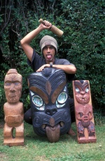 Ruatoria, the most habbited from Maori town. Rob Maro makes maori carvings. Maori use only woods from dead trees and stones, bones from dead animals or fishes that they find them in the forests or at the beaches. They do not kill. Maori face expression from war fight ‘haka‘, which maori warriors use to dance before the fight, to terrify the enemy. © Maro Kouri