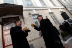 Estonia, Tallinn old town. 

Prime minister Andrus Ansip drinks beer with student‘s chief on Independence Day 
 © Maro Kouri